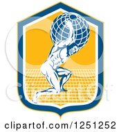 Clipart Of A Retro Muscular Man Atlas Carrying A Globe In A Blue And Yellow Shield Royalty Free Vector Illustration
