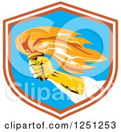 Clipart Of A Hand Holding Up A Flaming Torch In A Shield Royalty Free Vector Illustration