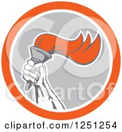 Poster, Art Print Of Hand Holding Up A Flaming Torch In A Gray White And Orange Circle