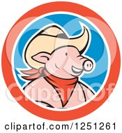 Clipart Of A Happy Cartoon Cowboy Pig In A Red And Blue Circle Royalty Free Vector Illustration