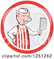 Poster, Art Print Of Cartoon Pig Butcher Holding A Cleaver Knife In A Gray And Red Circle