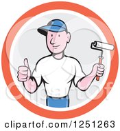 Poster, Art Print Of Cartoon Male House Painter Holding A Roller Brush And Thumb Up In A Circle