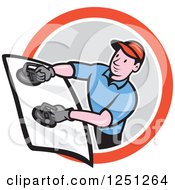 Cartoon Male Glass Windshield Installer In A Circle