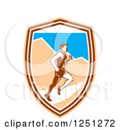 Retro Male Marathon Runner With Mountains In A Shield