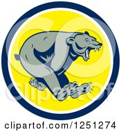 Poster, Art Print Of Running Grizzly Bear In A Blue And Yellow Circle