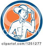 Clipart Of A Cartoon Happy Cowboy Tipping His Hat In A Blue White And Orange Circle Royalty Free Vector Illustration by patrimonio