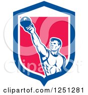 Retro Male Bodybuilder Working Out With A Kettlebell In A Blue White And Pink Shield