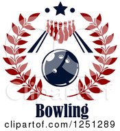 Clipart Of A Bowling Ball In A Wreath With An Alley And Pins With Text Royalty Free Vector Illustration