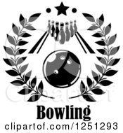 Clipart Of A Bowling Ball In A Wreath With An Alley And Pins And Text Royalty Free Vector Illustration