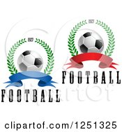 Clipart Of 3d Soccer Balls With Banners Wreaths And Fooball Text Royalty Free Vector Illustration