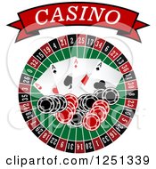 Red Casino Banner Above A Roulette Wheel Poker Chips And Playing Cards