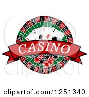 Red Casino Banner With A Roulette Wheel Poker Chips And Playing Cards