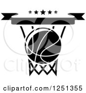 Clipart Of A Black And White Basketball In A Hoop With Stars Royalty Free Vector Illustration
