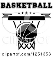 Clipart Of A Black And White Basketball In A Hoop With Stars And Text Royalty Free Vector Illustration