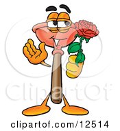 Sink Plunger Mascot Cartoon Character Holding A Red Rose On Valentines Day by Mascot Junction