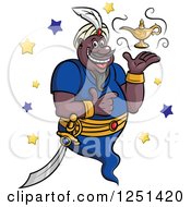 Clipart Of A Black Genie Pointing To His Lamp Royalty Free Vector Illustration