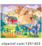 Poster, Art Print Of Male Farmer Holding A Sign By A Barn And Silo With An Autumn Tree Branch