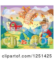 Poster, Art Print Of Male Farmer With A Pitchfork By A Barn And Silo With An Autumn Tree Branch
