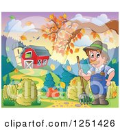 Poster, Art Print Of Male Farmer With A Pitchfork And Hay By A Barn And Silo With An Autumn Tree Branch