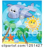 Poster, Art Print Of Happy Cute Airplane And Sun Over A Beach