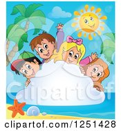 Clipart Of Happy Children Peeking Around A Cloud With A Sun And Tropical Beach Royalty Free Vector Illustration by visekart