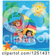 Poster, Art Print Of Happy Sun Over Children Sailing By A Tropical Beach