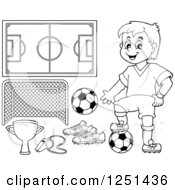 Poster, Art Print Of Black And White Presenting Boy Soccer Player And Accessories