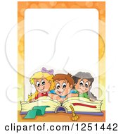 Clipart Of A Border Of Children Reading A Giant Book And Orange Flares Royalty Free Vector Illustration