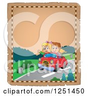 Clipart Of An Aged Parchment Page With Children Driving A Convertible Royalty Free Vector Illustration