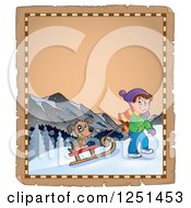 Poster, Art Print Of Aged Parchment Page With A Boy And Dog Sledding