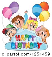 Poster, Art Print Of Children Peeking Around A Cloud With Party Balloons And Happy Birthday Text