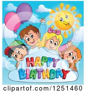 Poster, Art Print Of Children Looking Around A Cloud With Party Balloons And Happy Birthday Text