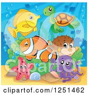 Clipart Of A Sea Turtle Starfish Octopus And Marine Fish Royalty Free Vector Illustration by visekart
