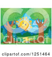 Poster, Art Print Of Trees Framing A Path And Happy Sun Peeking Over Mountains