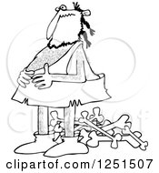 Clipart Of A Black And White Full Caveman Holding His Belly Over A Pile Of Bones Royalty Free Vector Illustration