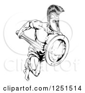 Poster, Art Print Of Black And White Running Trojan Gladiator With A Shield And Sword