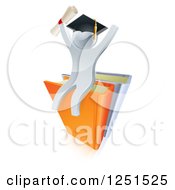 Clipart Of A 3d Silver Man Graduate Cheering Holding A Diploma And Sitting On A Stack Of Books Royalty Free Vector Illustration
