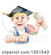 Poster, Art Print Of Brunette Male Plumber Graduate Holding A Certificate And Plunger