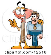 Sink Plunger Mascot Cartoon Character Talking To A Business Man