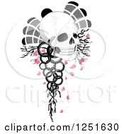 Poster, Art Print Of Human Skull With Gray Feathers Branches Rings And Pink Petals