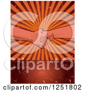 Clipart Of Union Workers Shaking Hands Over A Grungy Red And Orange Burst And Sign Royalty Free Vector Illustration by Pushkin