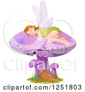 Poster, Art Print Of Cute Fairy Or Elf Girl Sleeping On A Purple Mushroom