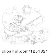 Clipart Of A Black And White Boy And His Dog Fishing From A Raft Royalty Free Vector Illustration