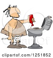 Caveman Squeezing Ketchup On Meat On A Bbq Grill