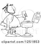Clipart Of A Black And White Caveman Squeezing Ketchup On Meat On A Bbq Grill Royalty Free Vector Illustration