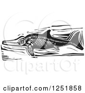Clipart Of A Black And White Woodcut Ichthyosaur Dinosaur Royalty Free Vector Illustration