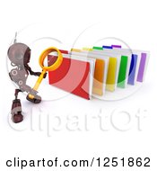 Poster, Art Print Of 3d Red Android Robot Using A Magnifying Glass To Search Folders