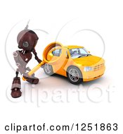 Poster, Art Print Of 3d Red Android Robot Using A Magnifying Glass To Search For A Car