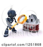 Poster, Art Print Of 3d Blue Android Robot Using A Magnifying Glass To Search A Home