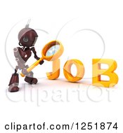 Poster, Art Print Of 3d Red Android Robot Using A Magnifying Glass To Search For A Job